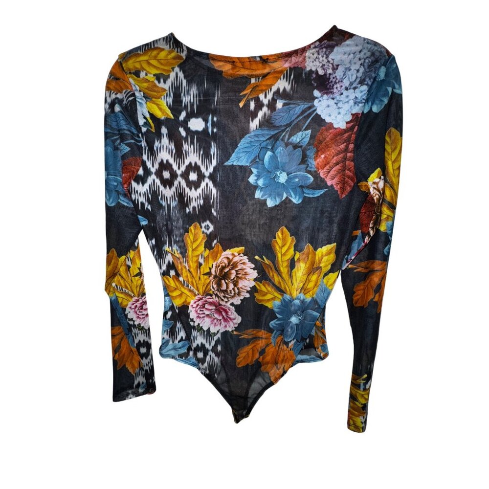 CQ By CQ Floral Long Sleeve Bodysuit Nylon/Spandex Large Sexy Sheer Stretch Cute